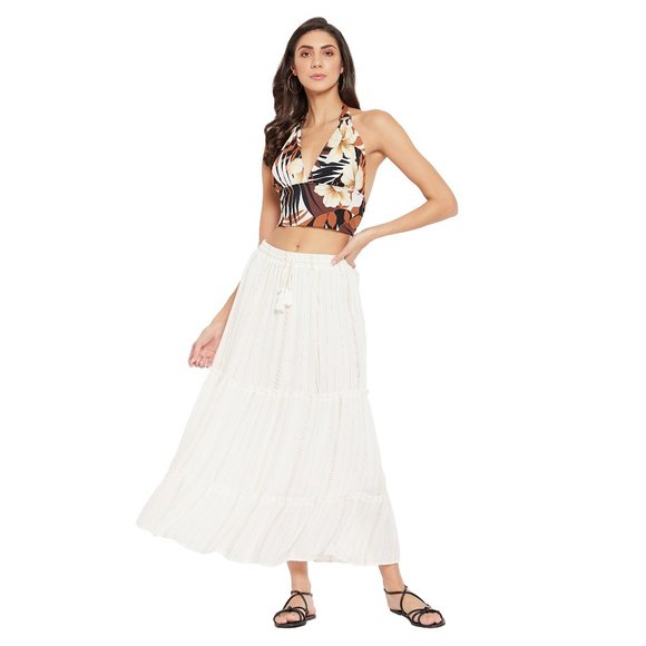 Solid White Rayon Crepe Lurex Skirt for Women - Picture 1 of 6